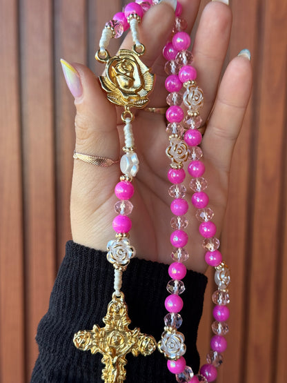 Terço Sta. Terezinha Cristal Rosa Perolado com Flores